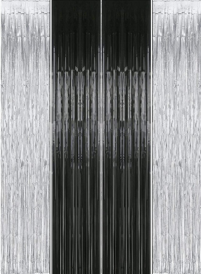 بروبسيكل خلفية بروبسيكل فضية وسوداء لامعة معدنية، مقاس 3 أقدام × 6 أقدام، مزينة بشراشيب لامعة وستائر شبه شفافة، مثالية لتزيين حفلات الذكرى السنوية، وأعياد الميلاد، وحفلات توديع العزوبية، وحفلات العريس - عبوة من 4 قطع - Image 1